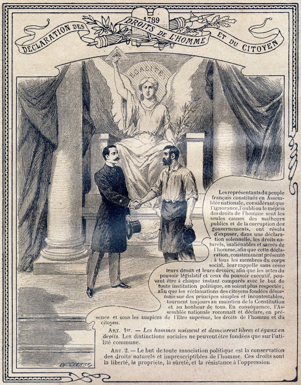 1789: Verklaring van de rechten van de mens en de burger: Gelijkheid. Gravure in "Le livre unique de morale et d