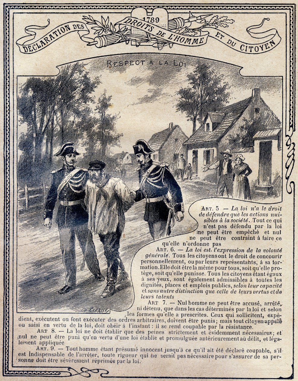 1789: Verklaring van de rechten van de mens en de burger: Respect voor de wet. Gravure in 