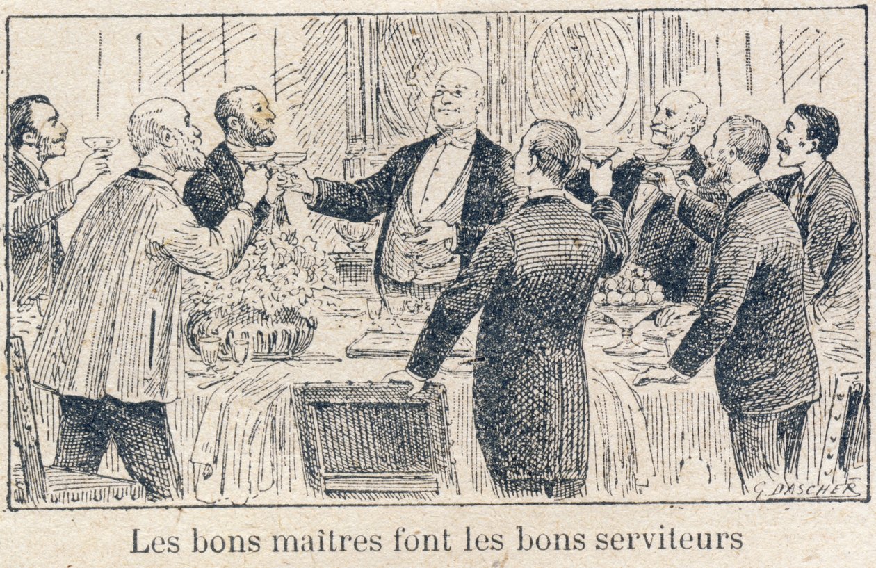 Plichten van het kind op school: Plichten van Meesters en Bazen tegenover Dienaren en Werknemers. "Goede meesters maken goede dienaren." Gravure in "Het unieke boek van moraliteit en burgerlijke instructie, bedoeld voor studenten van de drie cursussen van  door G. Dascher