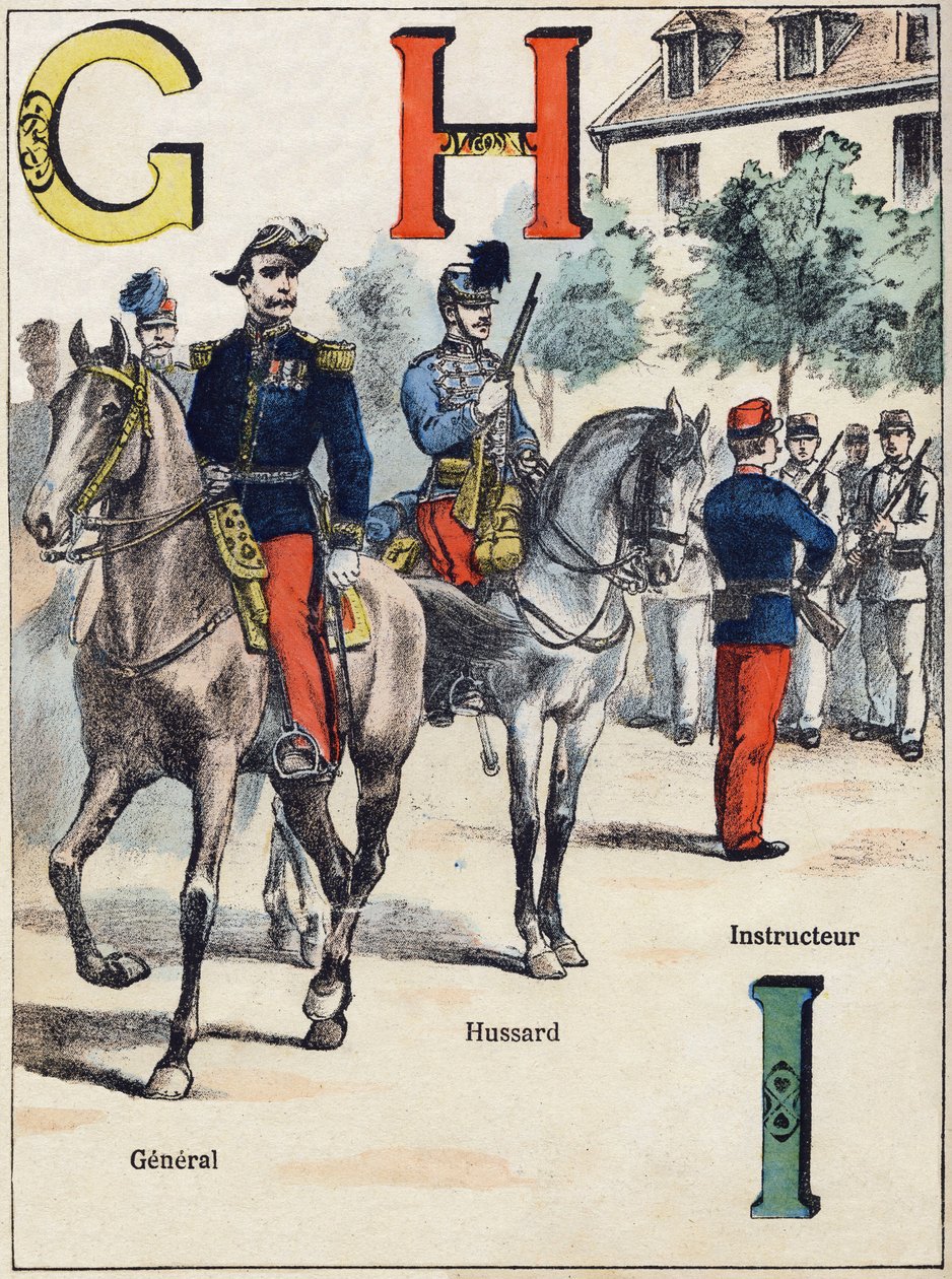 Letters G H I: Generaal, Huzaar en Instructeur. Gravure in 