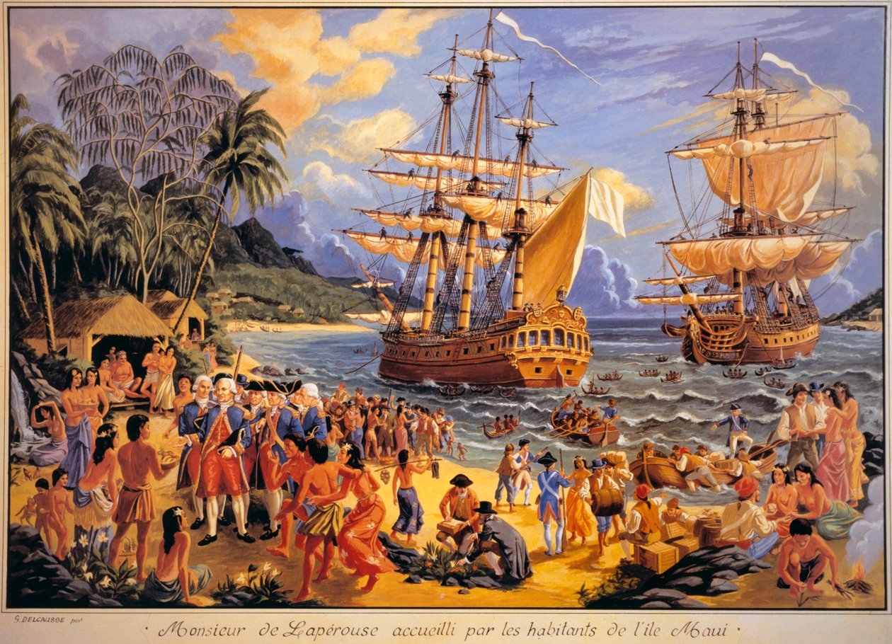 Jean Francois Galaup de Laperouse verwelkomd door de inwoners van Mawee Eiland in de Sandwich Eilanden in de Stille Oceaan (kleur litho) door G. Delcausse