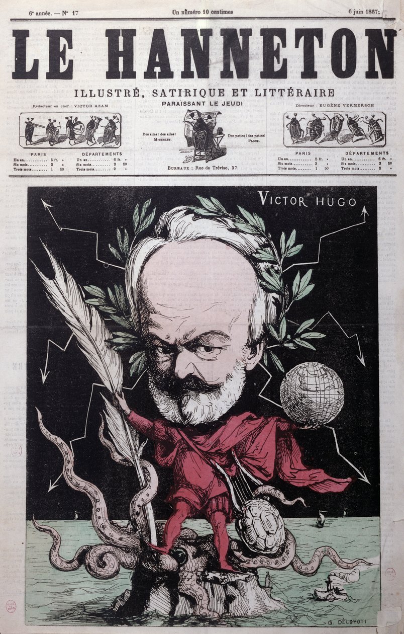 Karikatuur van Victor Hugo (1802-85) als Zeus in ballingschap op Guernsey van de voorpagina van Le Hanneton, juni 1867 door G. Deloyoti