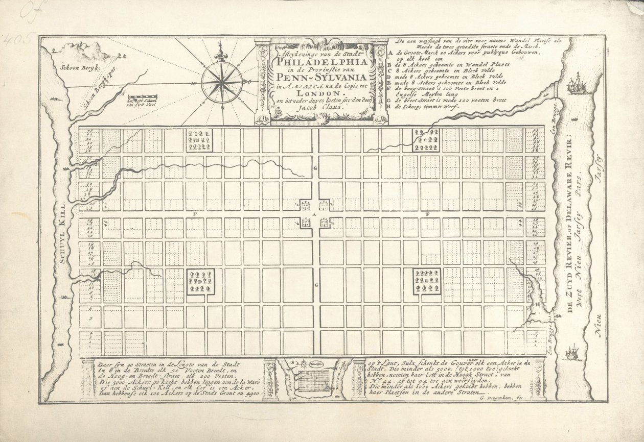 Het eerste plan voor Philadelphia, bedacht door William Penn en Thomas Holme in 1682, 1684 door G. Drogenham