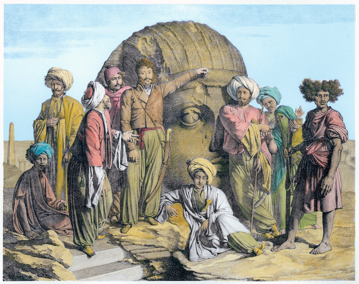 Archeoloog Bernardino Drovetti meet een kolossaal hoofd in de Egyptische woestijn door G Engelmann