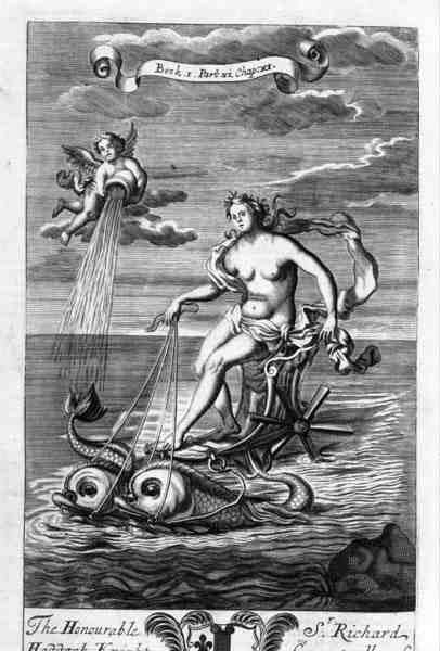 Venus rijdt op haar wagen getrokken door dolfijnen, illustratie uit Boek 1 Deel 6 Hoofdstuk 11 van 