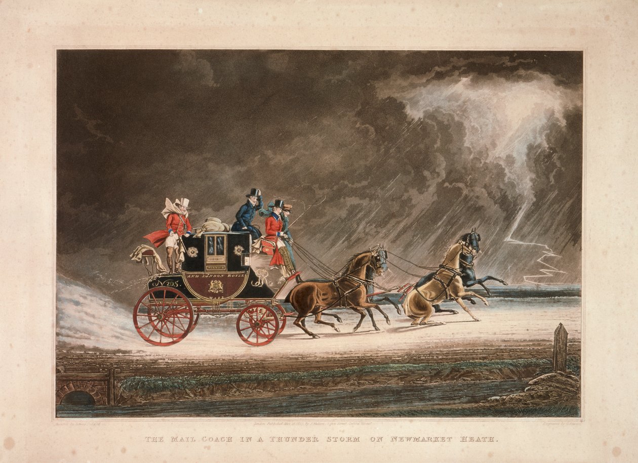 De postkoets in een onweersbui op Newmarket Heath, Suffolk, 1827 door G Reeves