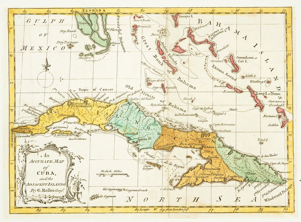 Een nauwkeurige kaart van Cuba en de aangrenzende eilanden, pub ca. 1762 door G Rollos