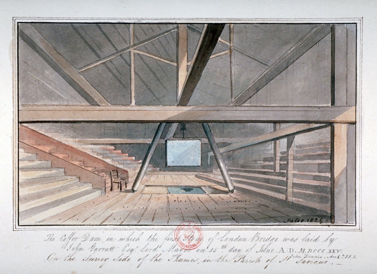 Uitzicht op de fundering van de London Bridge, 1825 door G Yates