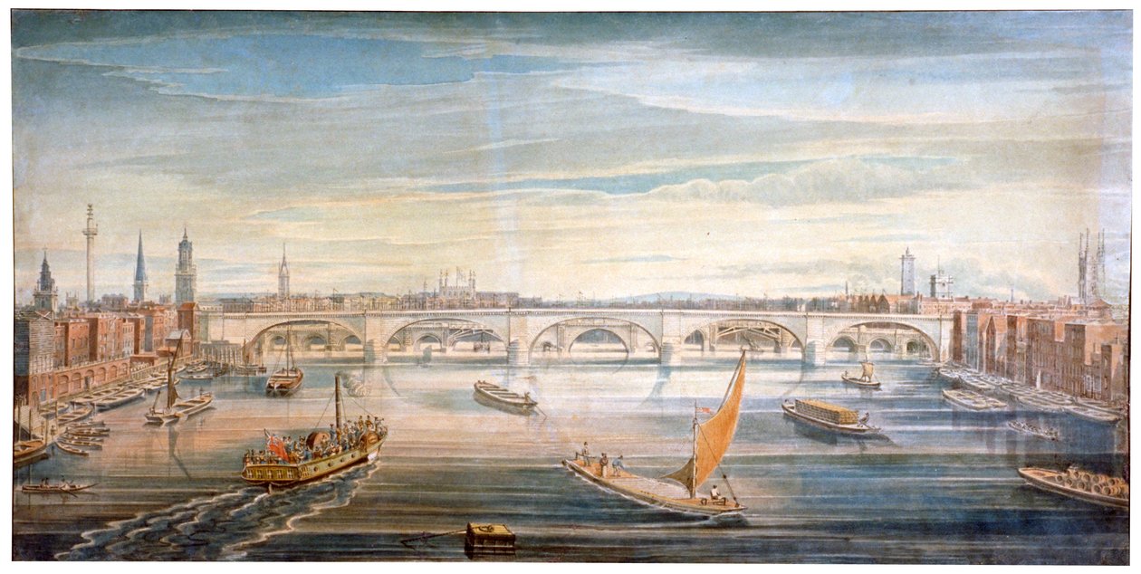 Uitzicht op de nieuwe London Bridge vanuit het westen, met boten en schuiten op de Theems, 1831 door G Yates