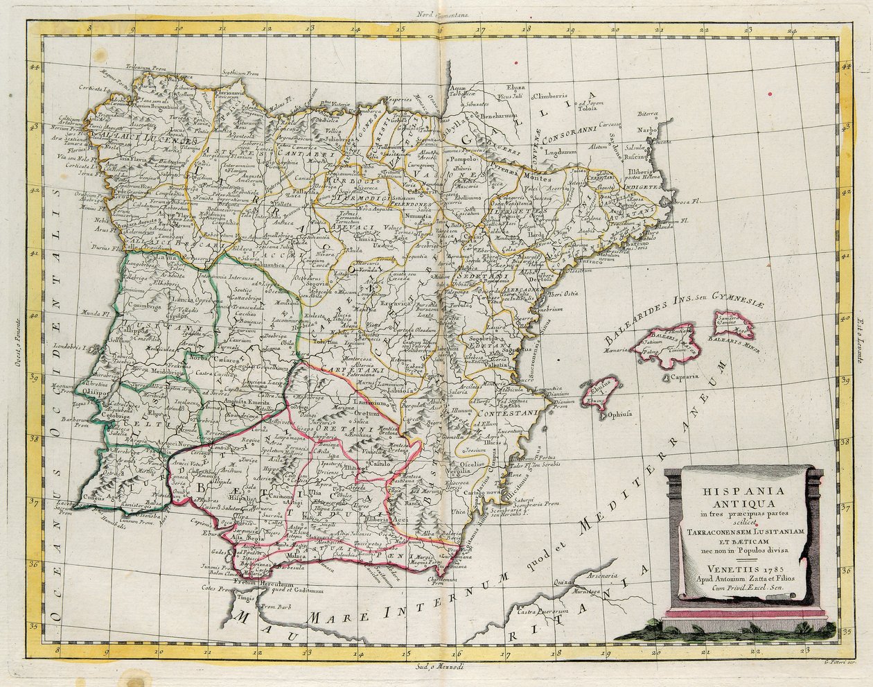 Oud Spanje verdeeld in drie verschillende gebieden, namelijk Terraconensis, Lusitania en Baetica en ook verdeeld in volkeren, gravure door G. Zuliani uit Tome I van de "Nieuwste Atlas" gepubliceerd in Venetië in 1785 door Antonio Zatta, Privécollectie door G. Zuliani