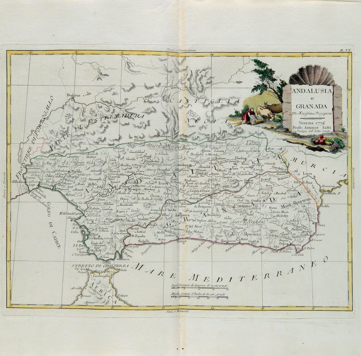 Andalusië en Granada, gravure door G. Zuliani uit Tome I van de Nieuwste Atlas gepubliceerd in Venetië in 1776 door Antonio Zatta, Privécollectie door G. Zuliani