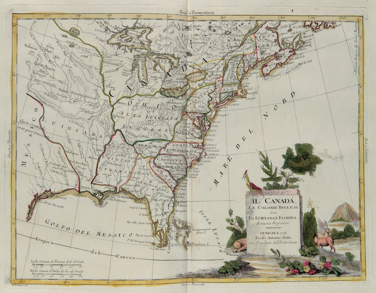 Canada, de Engelse koloniën met Louisiana en Florida, gravure door G. Zuliani uit Tome I van de Nieuwste Atlas gepubliceerd in Venetië in 1778 door Antonio Zatta, Privécollectie door G. Zuliani