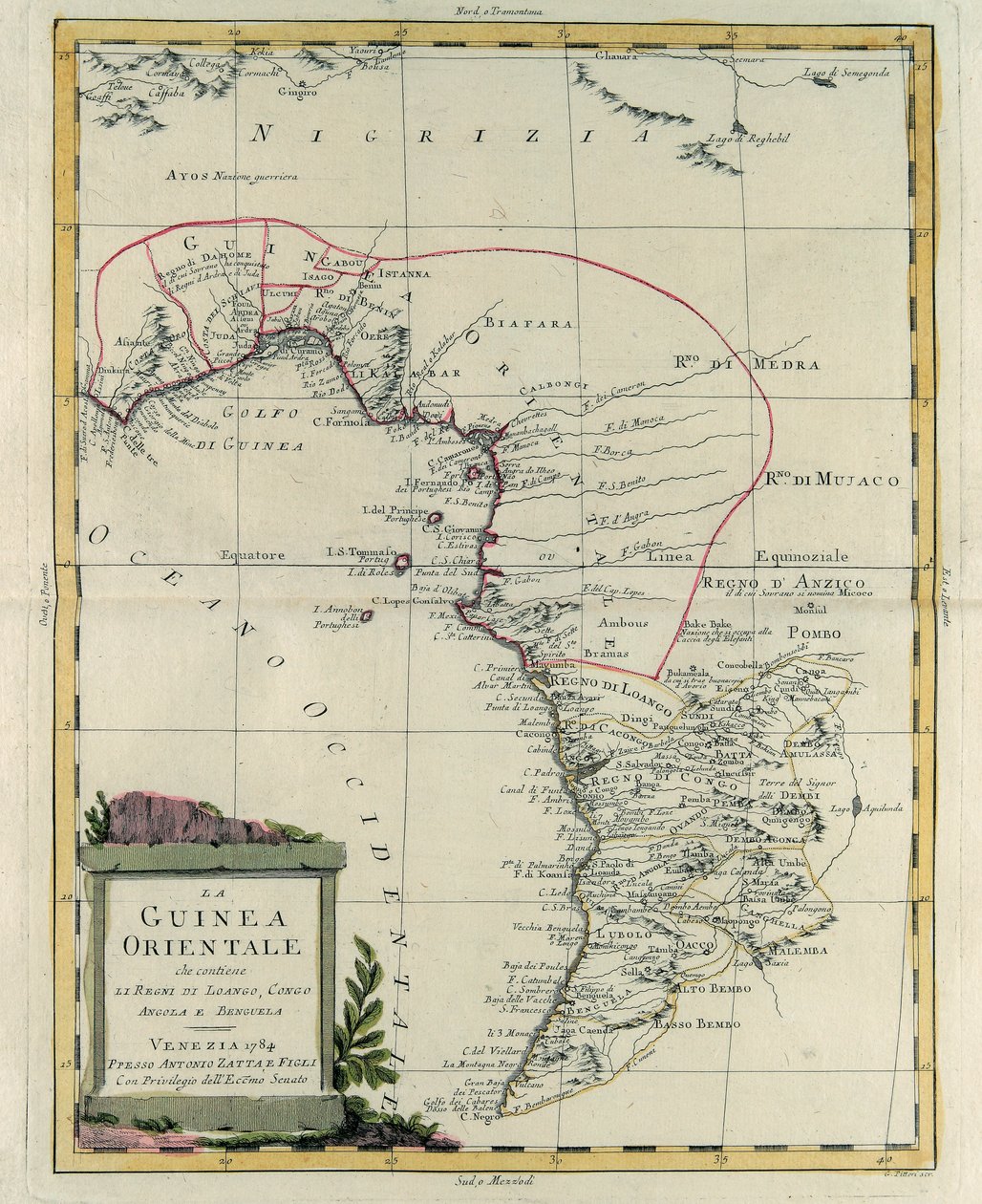 Oost-Guinea met de Koninkrijken Loango, Congo, Angola en Benguela, gravure door G. Zuliani uit Tome IV van de "Nieuwste Atlas" gepubliceerd in Venetië in 1784 door Antonio Zatta, Privécollectie door G. Zuliani