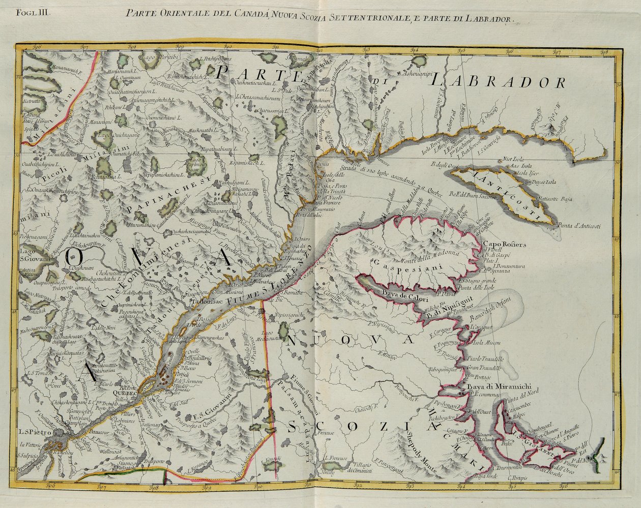 Oostelijk deel van Canada, noordelijk Nova Scotia en deel van Labrador, gravure door G. Zuliani uit Tome I van de "Nieuwste Atlas" gepubliceerd in Venetië in 1778 door Antonio Zatta, Privécollectie door G. Zuliani