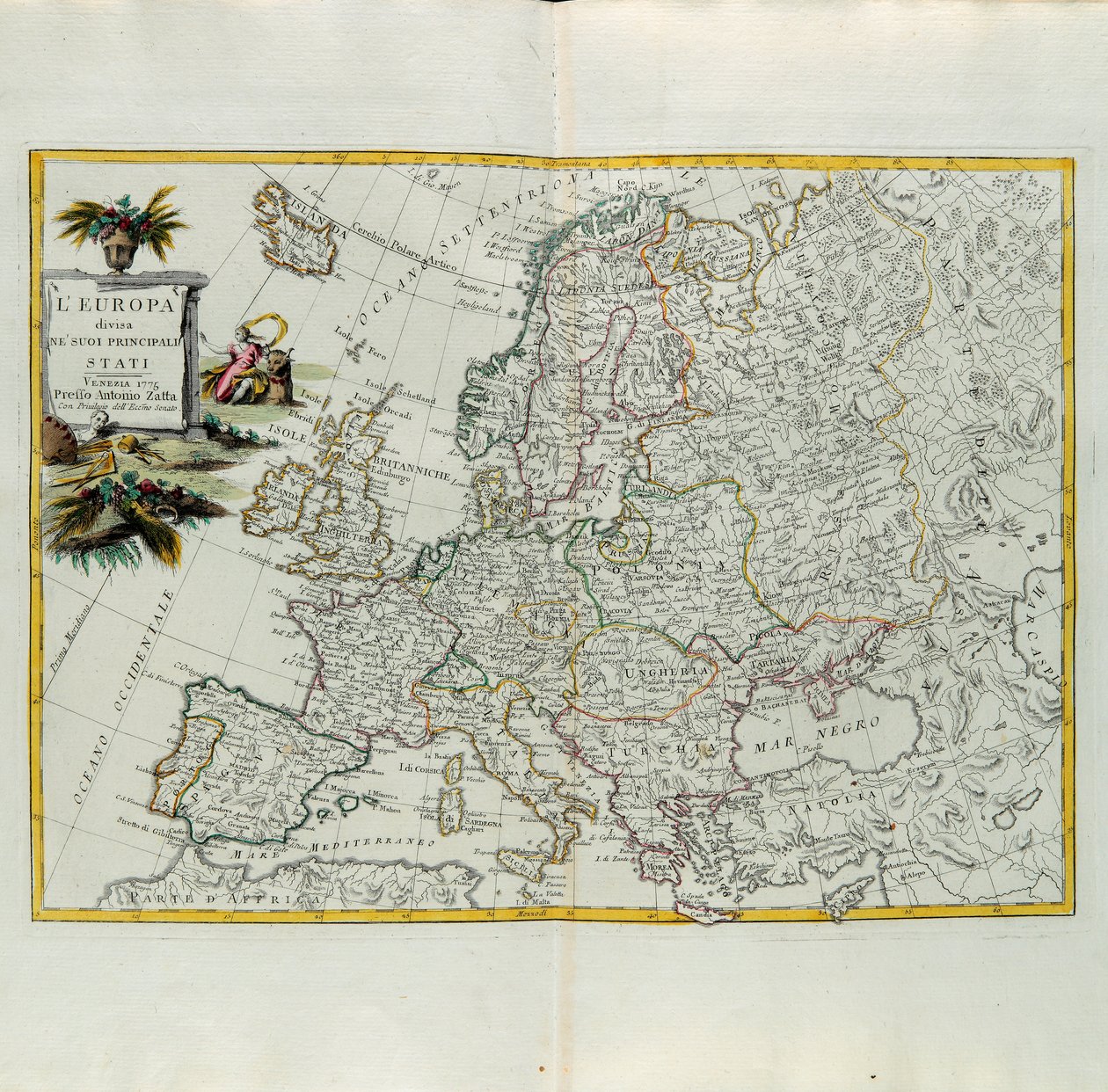 Europa verdeeld in zijn belangrijkste staten, gravure door G. Zuliani uit Tome I van de Nieuwste Atlas gepubliceerd in Venetië in 1776 door Antonio Zatta, Privécollectie door G. Zuliani