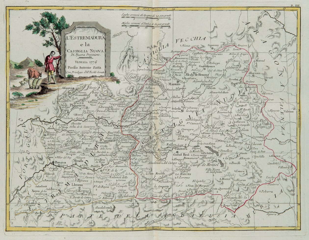 Extremadura en Castilla la Nueva, gravure door G. Zuliani uit Tome I van de Nieuwste Atlas gepubliceerd in Venetië in 1776 door Antonio Zatta, Privécollectie door G. Zuliani