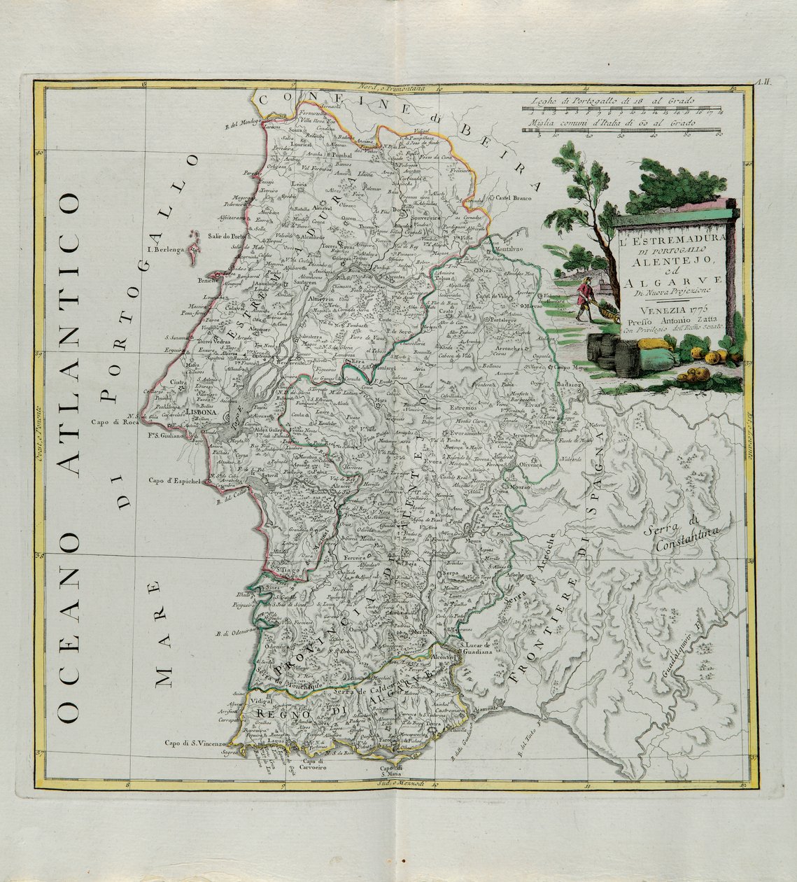 Extremadura van Portugal Alentejo of Algarve, gravure door G. Zuliani uit Tome I van de Nieuwste Atlas gepubliceerd in Venetië in 1776 door Antonio Zatta, Privécollectie door G. Zuliani