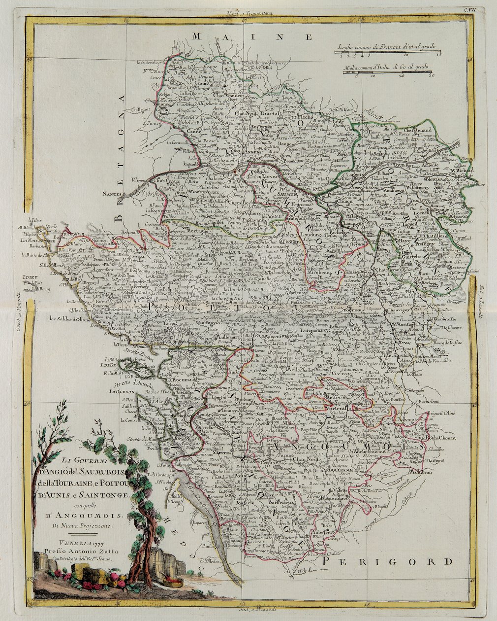 Gouvernances van Anjou, Saumurois, Touraine en Poitou, Aunis en Saintonge met die van Anjoumois, gravure door G. Zuliani uit Tome I van de Nieuwste Atlas gepubliceerd in Venetië in 1777 door Antonio Zatta door G. Zuliani