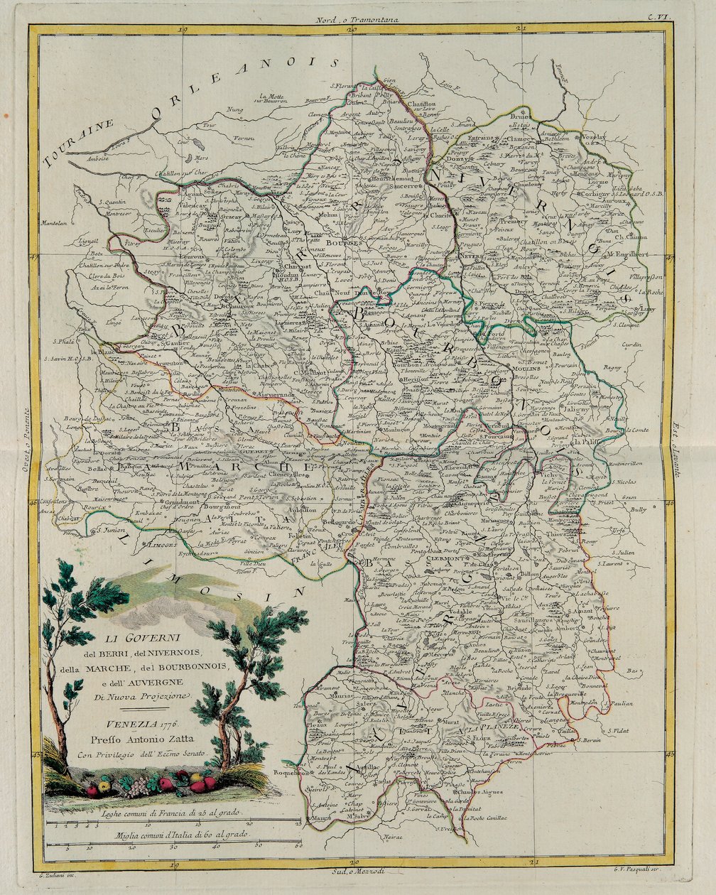 Gouvernances van Berri, Nivernois, Marche, Bourbon en Auvergne, gravure door G. Zuliani uit Tome I van de Nieuwste Atlas gepubliceerd in Venetië in 1776 door Antonio Zatta, Privécollectie door G. Zuliani