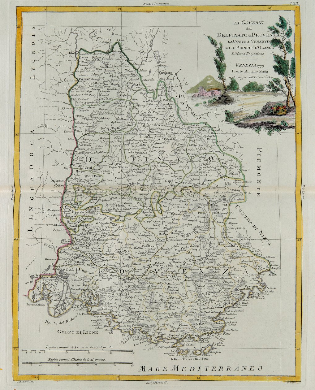 Gouvernances van Dauphin, Provence, het graafschap Venaissin en het prinsdom Orange, gravure door G. Zuliani uit Tome I van de Nieuwste Atlas gepubliceerd in Venetië in 1777 door Antonio Zatta, Privécollectie door G. Zuliani
