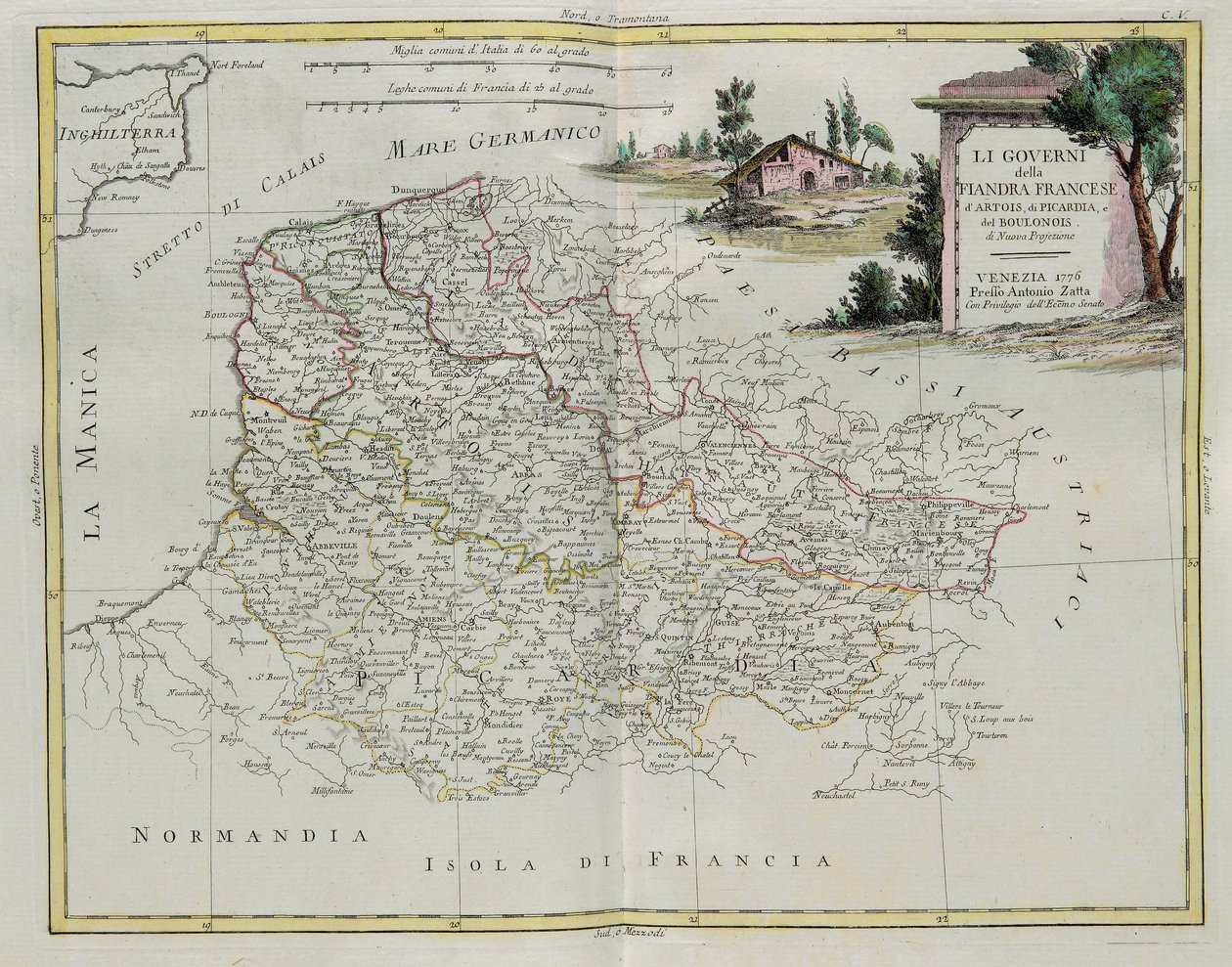 Gouvernances van Frans Vlaanderen, Artois, Picardië en Boulonois, gravure door G. Zuliani uit Tome I van de Nieuwste Atlas gepubliceerd in Venetië in 1776 door Antonio Zatta, Privécollectie door G. Zuliani