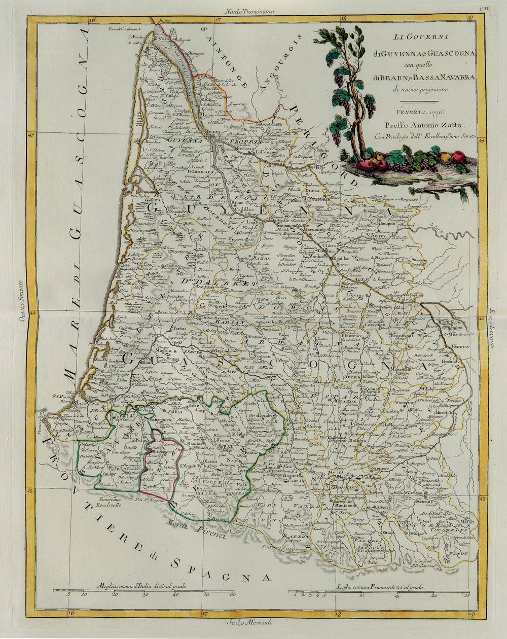 Gouvernances van Guyenne en Guascogne met die van Bearn en Neder-Navarra, gravure door G. Zuliani uit Tome I van de Nieuwste Atlas gepubliceerd in Venetië in 1776 door Antonio Zatta, Privécollectie door G. Zuliani
