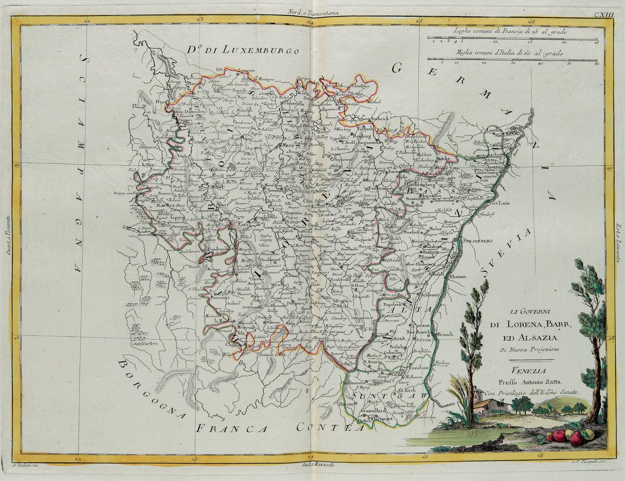 Besturen van Lotharingen, Barr en Elzas, gravure door G. Zuliani uit Tome I van de "Nieuwste Atlas" gepubliceerd in Venetië door Antonio Zatta, Privécollectie door G. Zuliani