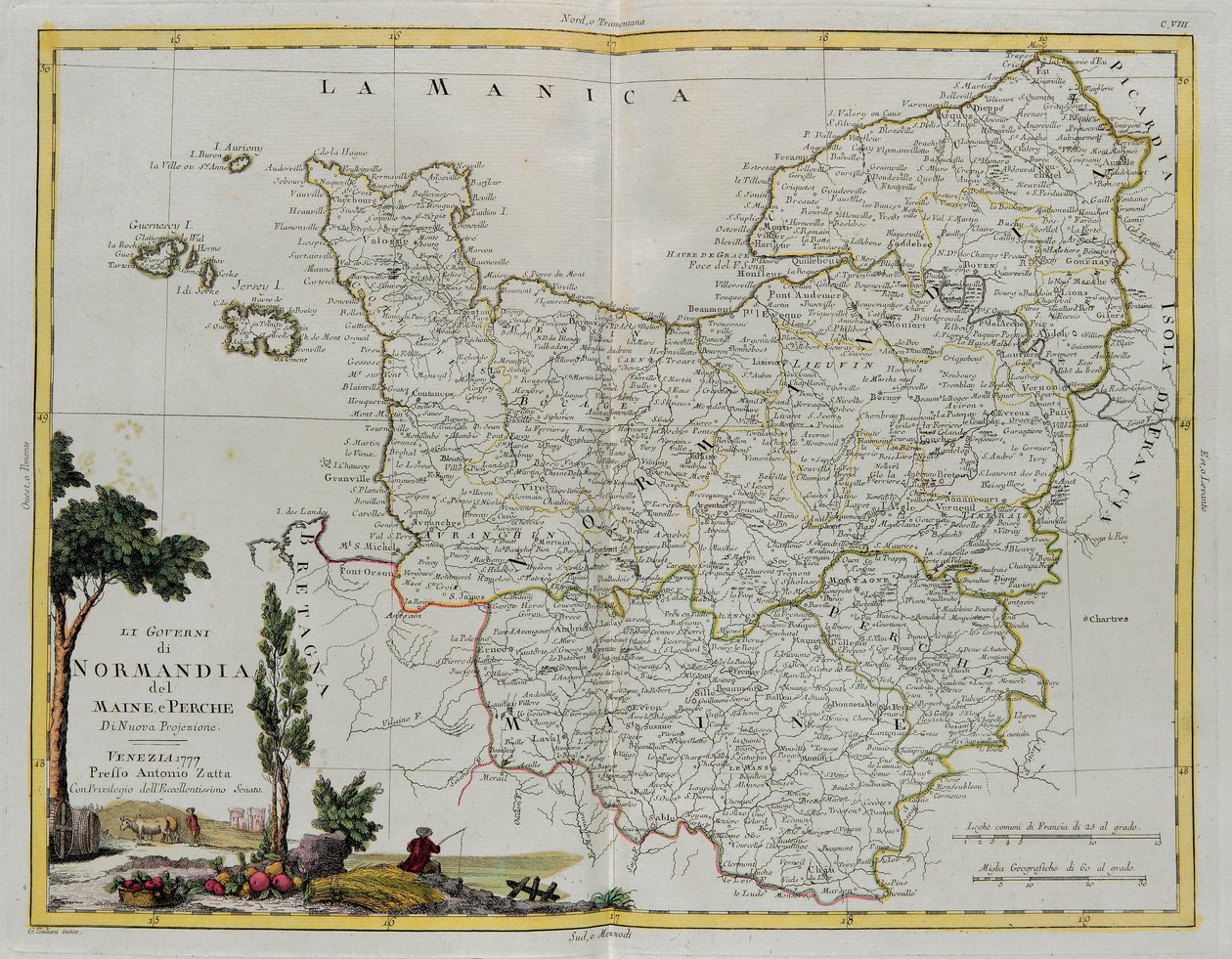 Gouvernances van Normandië, Maine en Perche, gravure door G. Zuliani uit Tome I van de Nieuwste Atlas gepubliceerd in Venetië in 1777 door Antonio Zatta, Privécollectie door G. Zuliani