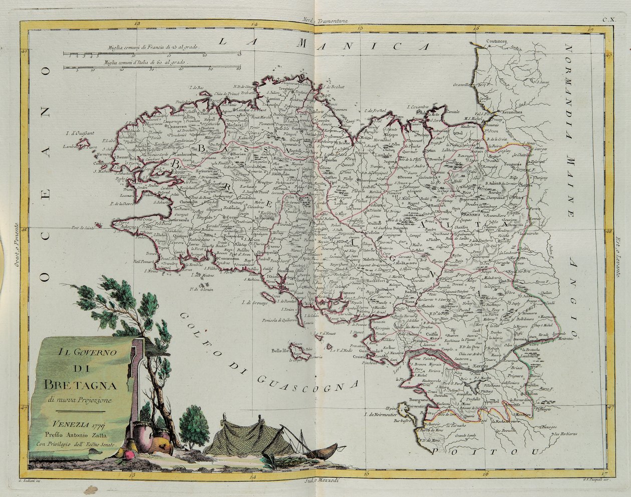 Golf van Bretagne, gravure door G. Zuliani uit Tome I van de Nieuwste Atlas gepubliceerd in Venetië in 1777 door Antonio Zatta, Privécollectie door G. Zuliani