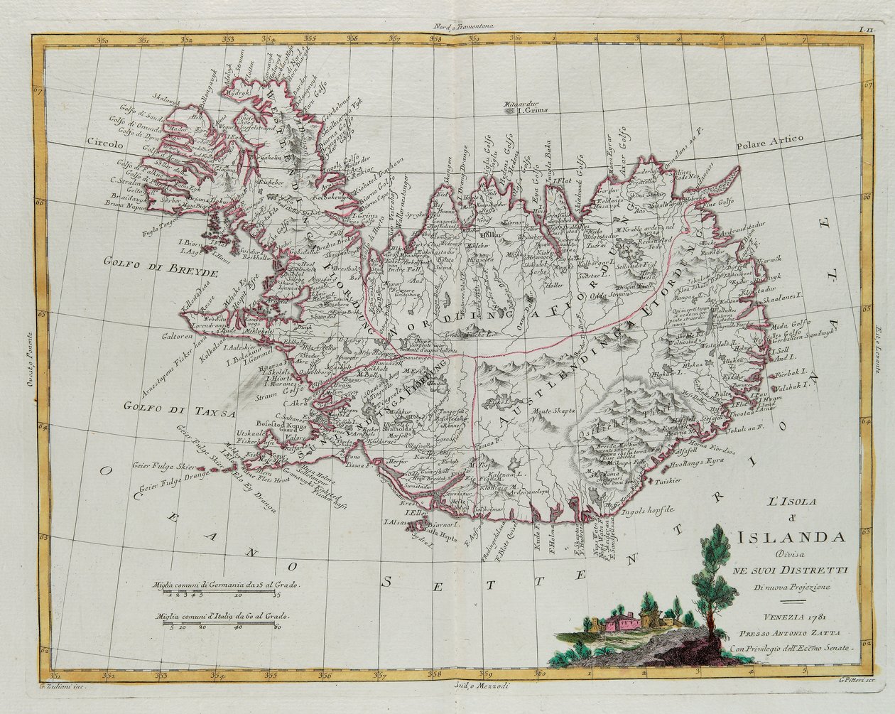 IJsland verdeeld in zijn districten, gravure door G. Zuliani uit Tome III van de "Nieuwste Atlas" gepubliceerd in Venetië in 1781 door Antonio Zatta, Privécollectie door G. Zuliani