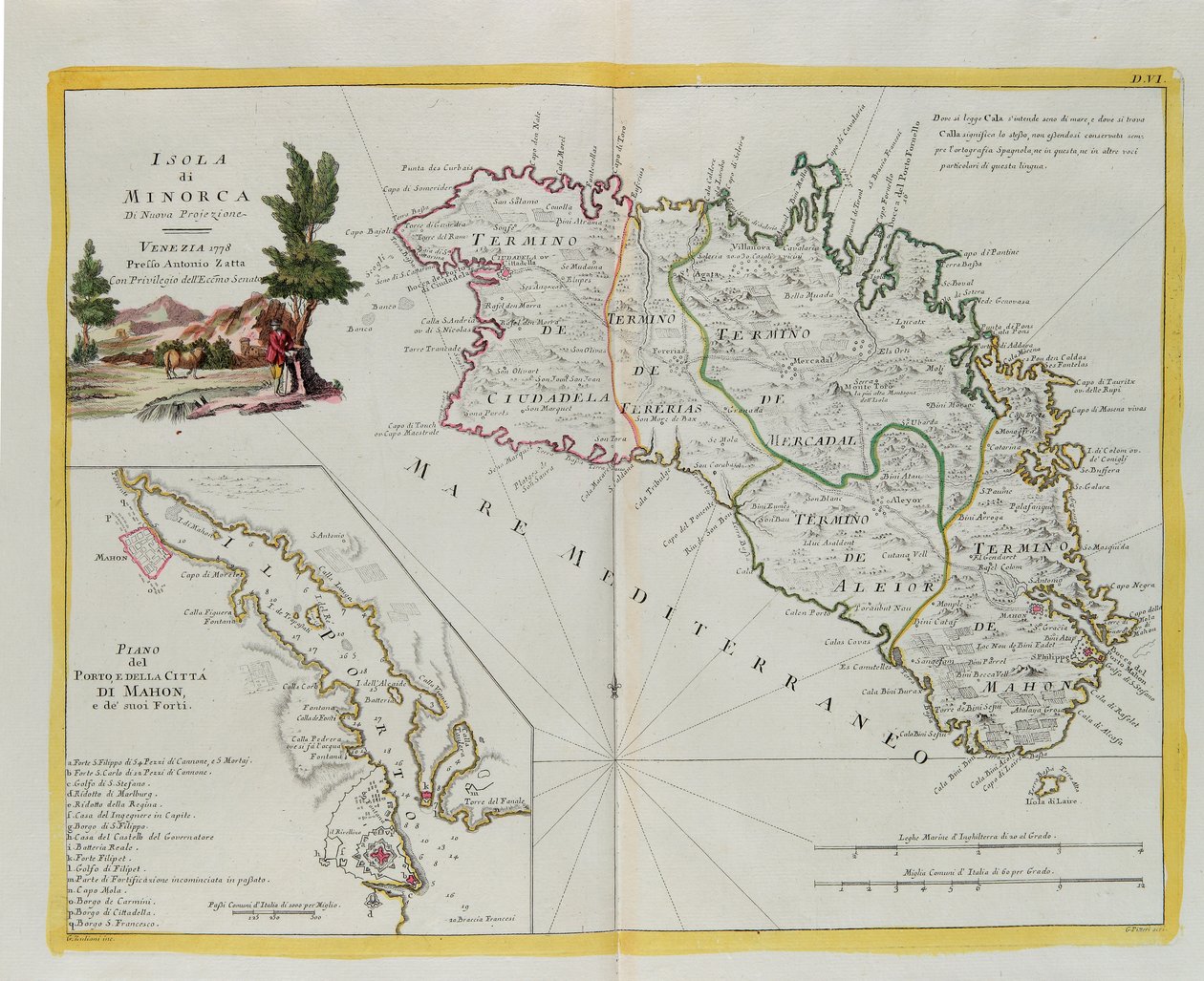 Eiland Minorca en het plan van de haven en de stad Mahon en zijn forten, gravure door G. Zuliani uit Tome I van de "Nieuwste Atlas" gepubliceerd in Venetië in 1778 door Antonio Zatta, privécollectie door G. Zuliani