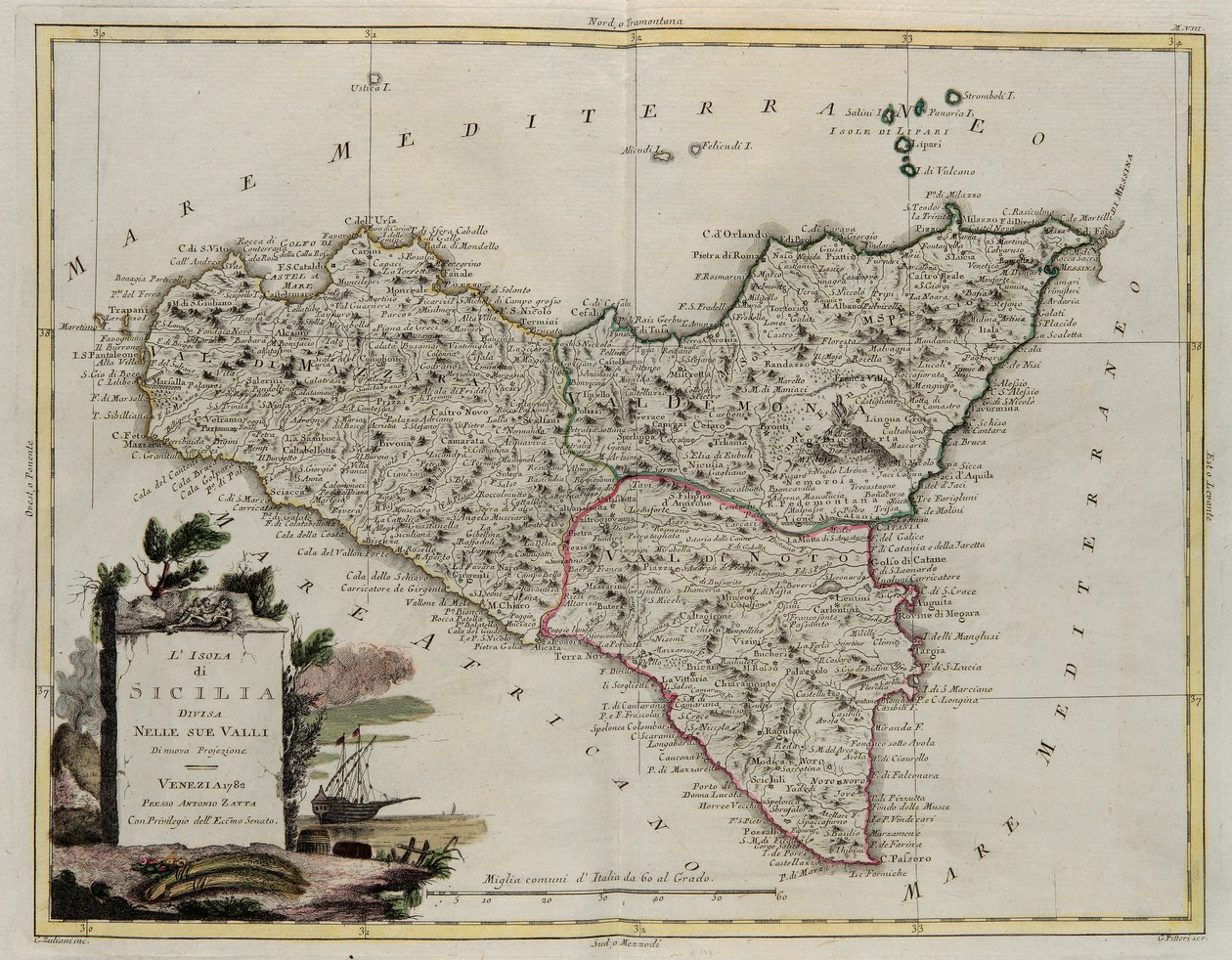 Eiland Sicilië, verdeeld in zijn valleien, gravure door G. Zuliani uit Tome II van de Nieuwste Atlas gepubliceerd in Venetië in 1782 door Antonio Zatta, Privécollectie door G. Zuliani