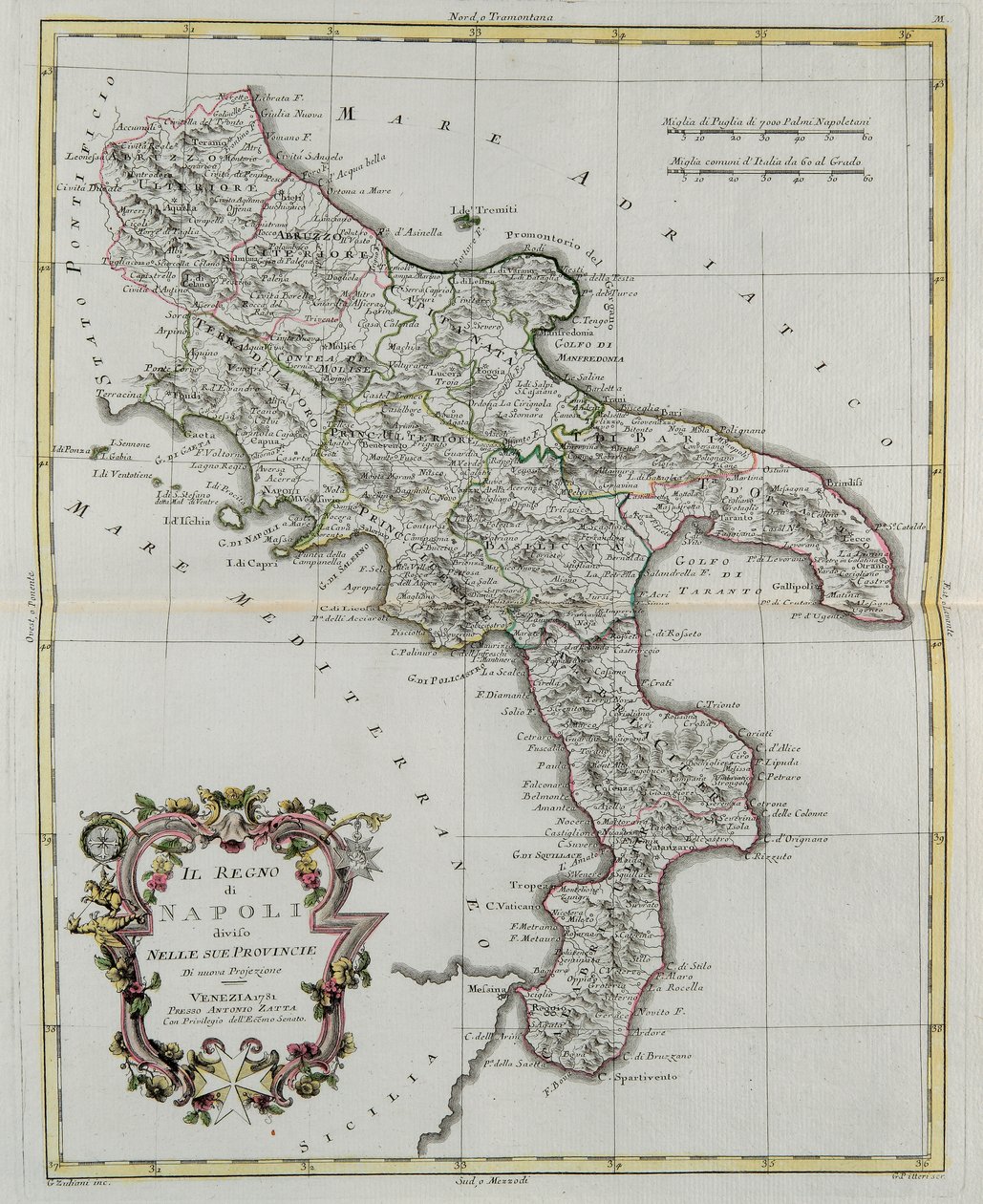 Koninkrijk Napels verdeeld in zijn provincies, gravure door G. Zuliani uit Tome II van de "Nieuwste Atlas" gepubliceerd in Venetië in 1781 door Antonio Zatta, Privécollectie door G. Zuliani