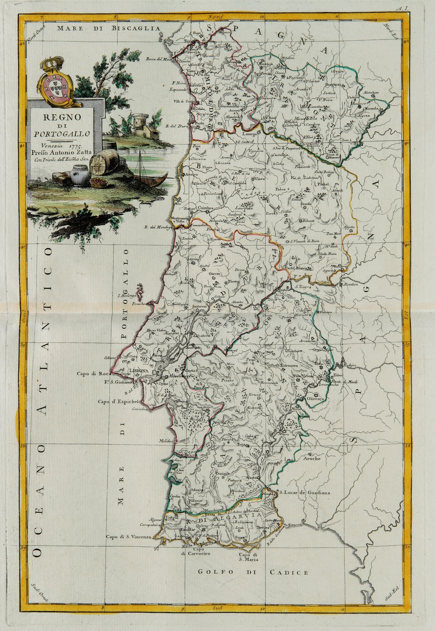 Koninkrijk Portugal, gravure door G. Zuliani uit Tome I van de Nieuwste Atlas gepubliceerd in Venetië in 1776 door Antonio Zatta, Privécollectie door G. Zuliani