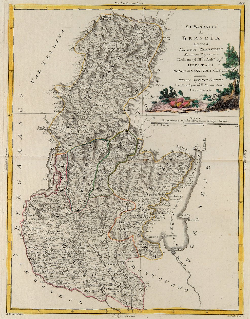 Landgebied van de staat Veneto: Brescia, gravure door G. Zuliani uit Tome II van de "Nieuwste Atlas" gepubliceerd in Venetië in 1783 door Antonio Zatta, privécollectie door G. Zuliani