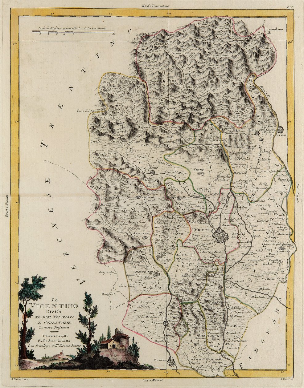 Landgebied van de Staat Veneto: gebied van Vicenza verdeeld in zijn bisdommen en magistraten, gravure door G. Zuliani uit Tome II van de "Nieuwste Atlas" gepubliceerd in Venetië in 1782 door Antonio Zatta, Privécollectie door G. Zuliani