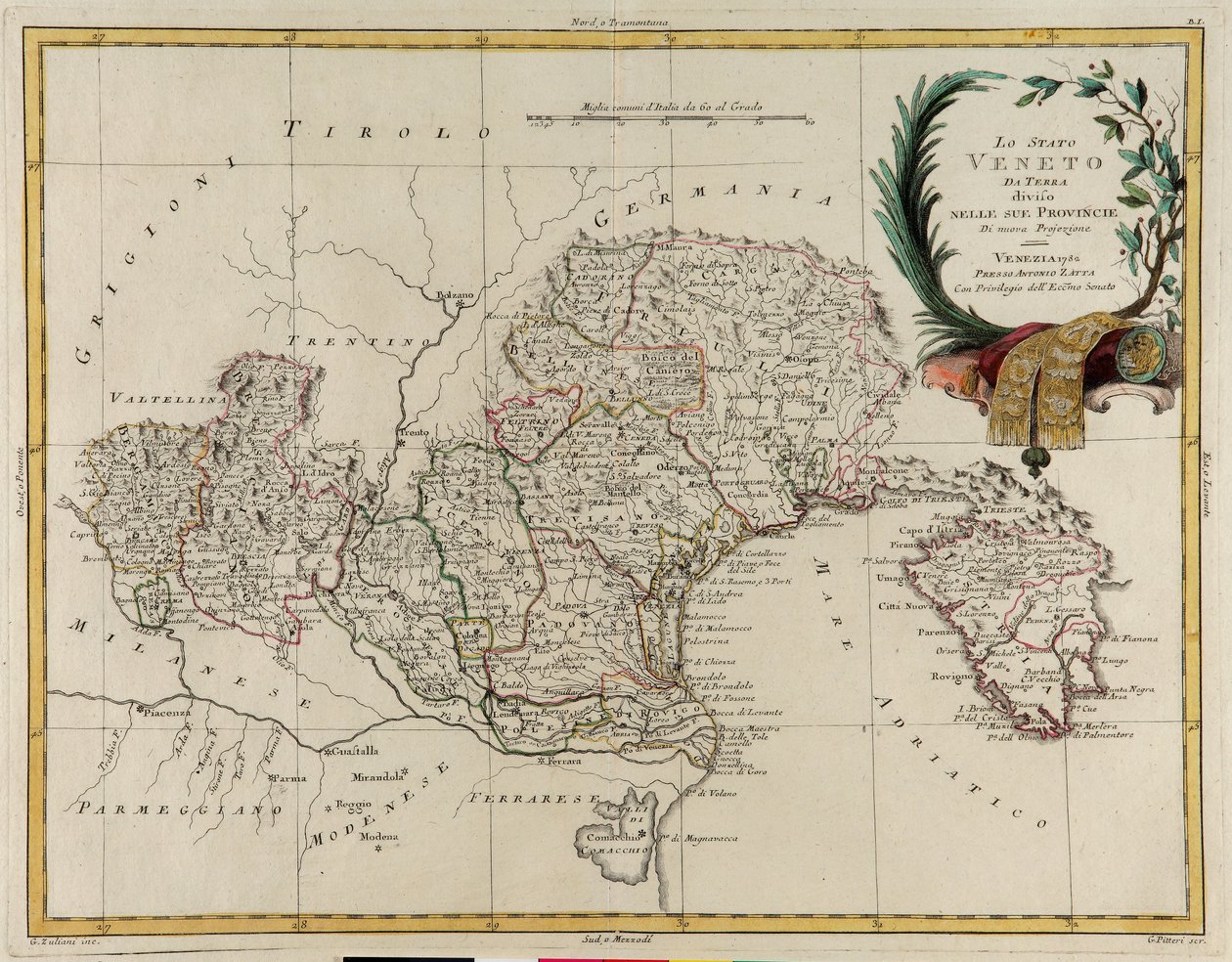 Landgebied van de staat Veneto, verdeeld in zijn provincies, gravure door G. Zuliani uit Tome II van de "Nieuwste Atlas" gepubliceerd in Venetië in 1782 door Antonio Zatta, privécollectie door G. Zuliani