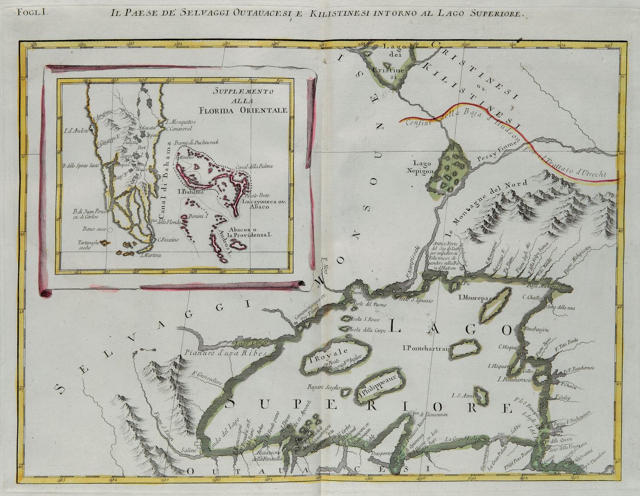 Land van de Ottawa en Kilistine Indianen rond Lake Superior en een supplement van oostelijk Florida, gravure door G. Zuliani uit Tome I van de "Nieuwste Atlas" gepubliceerd in Venetië in 1778 door Antonio Zatta, Privécollectie door G. Zuliani