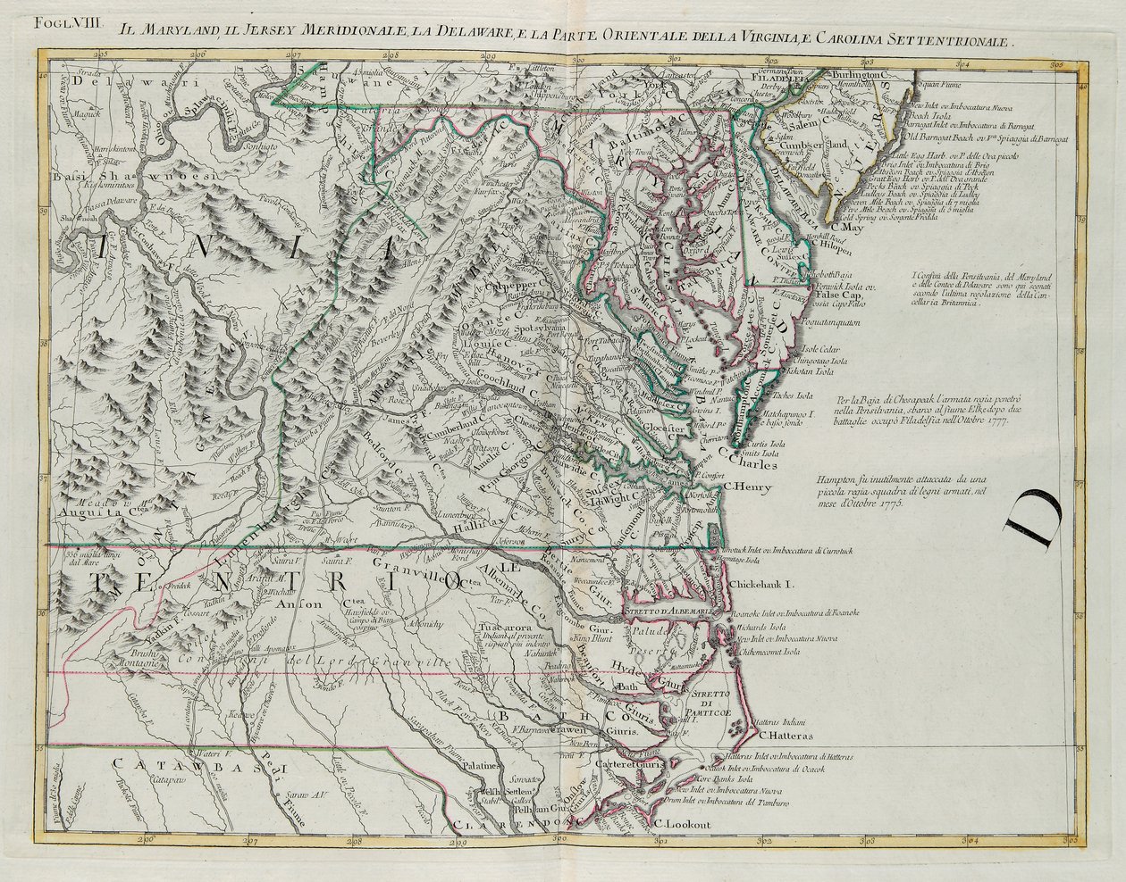 Maryland, zuidelijk New Jersey, Delaware en het oostelijke deel van Virginia en North Carolina, gravure door G. Zuliani uit Tome I van de "Nieuwste Atlas" gepubliceerd in Venetië in 1778 door Antonio Zatta, Privécollectie door G. Zuliani