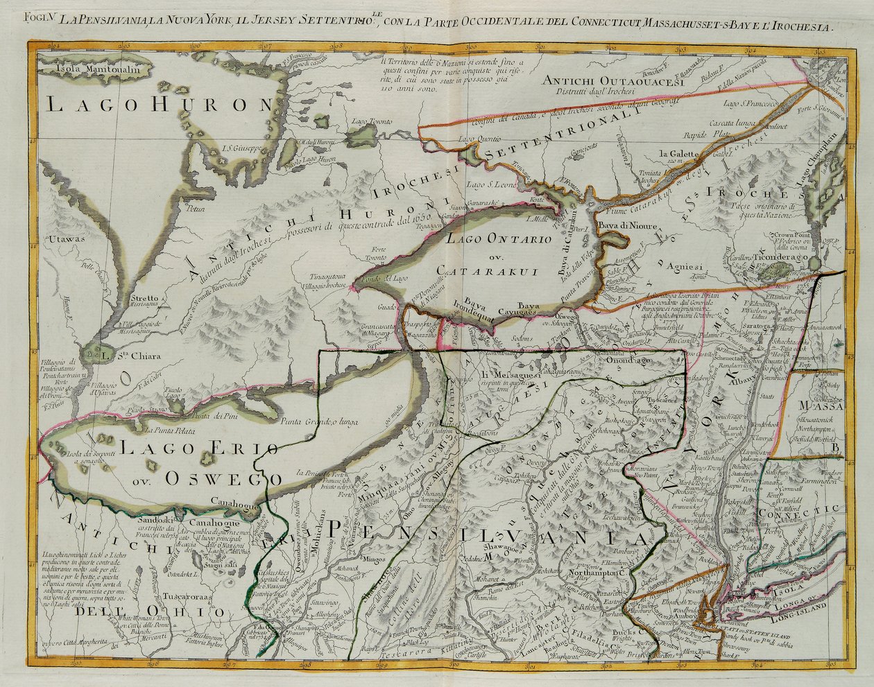 Pennsylvania, New York, zuidelijk New Jersey, met het westelijke deel van Connecticut, Massachusetts Bay en Land van de Iroquois, gravure door G. Zuliani uit Tome I van de 