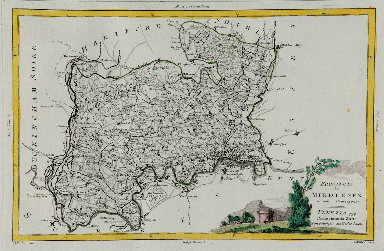 Provincie Middlesex, gravure door G. Zuliani uit Tome I van de "Nieuwste Atlas" gepubliceerd in Venetië in 1779 door Antonio Zatta, Privécollectie door G. Zuliani