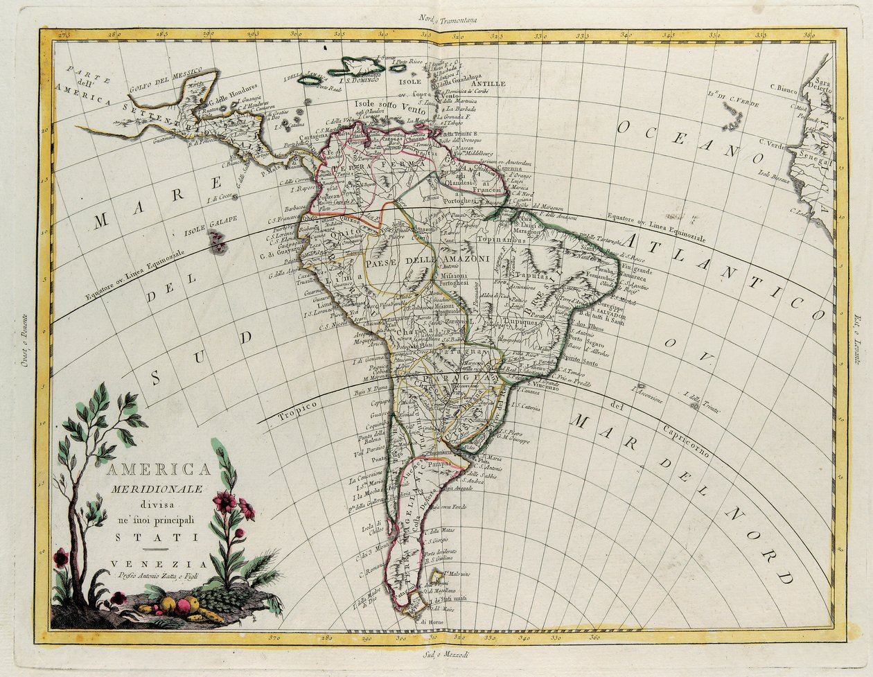 Zuid-Amerika verdeeld in zijn belangrijkste Staten, gravure door G. Zuliani uit Tome IV van de "Nieuwste Atlas" gepubliceerd in Venetië door Antonio Zatta, Privécollectie door G. Zuliani