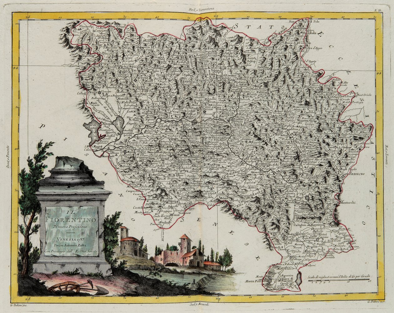 Territorium van Florence, gravure door G. Zuliani uit Tome II van de "Nieuwste Atlas" gepubliceerd in Venetië in 1783 door Antonio Zatta, Privécollectie door G. Zuliani