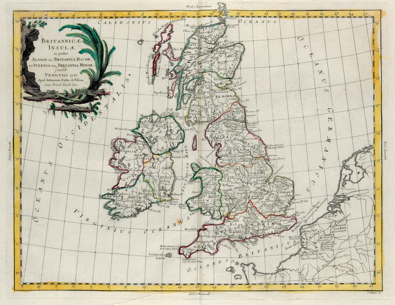 De Britse Eilanden waarin Albion of Groot-Brittannië en Ivernia of Klein-Brittannië, gravure door G. Zuliani uit Tome I van de Nieuwste Atlas gepubliceerd in Venetië in 1785 door Antonio Zatta door G. Zuliani