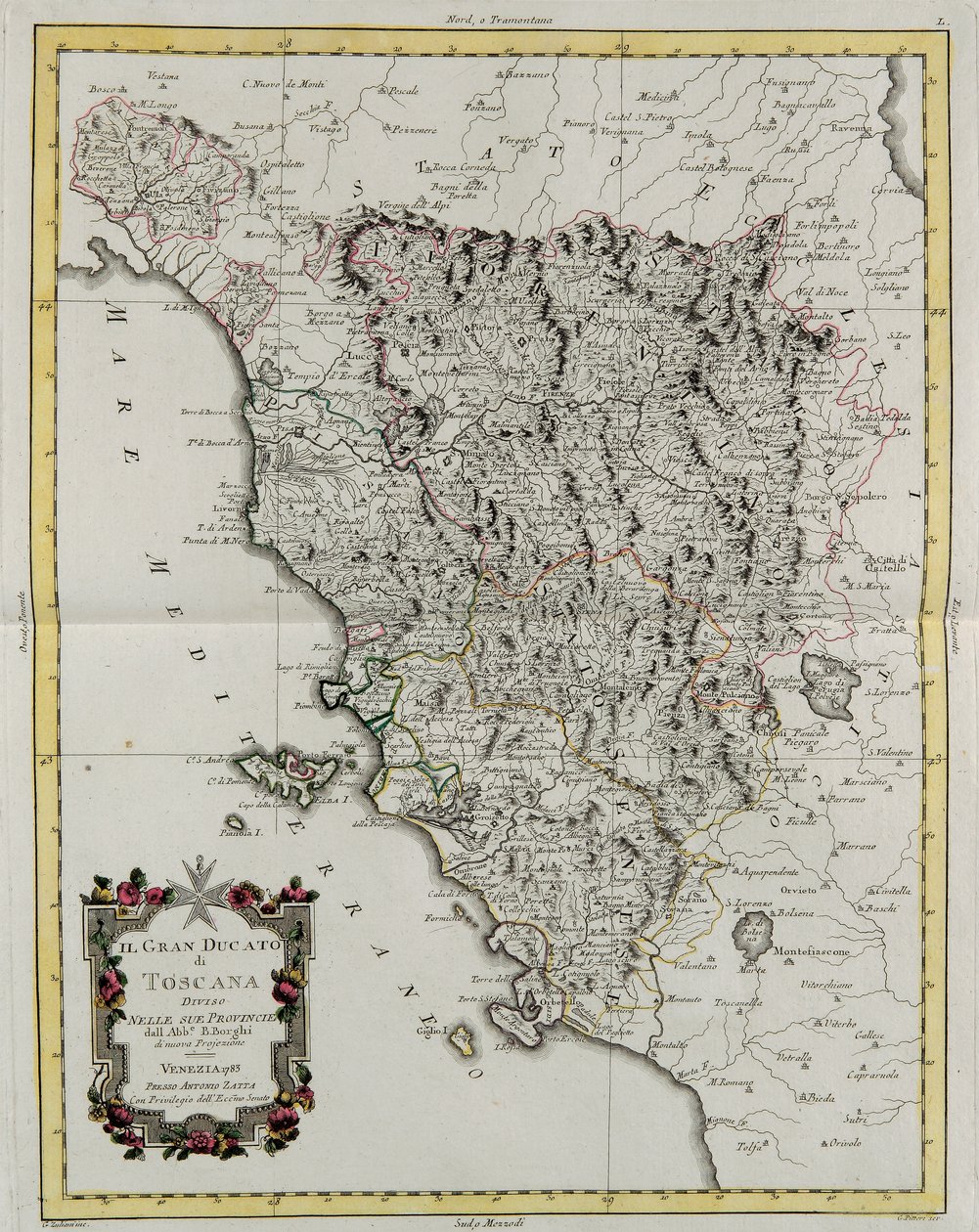 Het Groothertogdom Toscane verdeeld in zijn provincies, gravure door G. Zuliani uit Tome II van de "Nieuwste Atlas" gepubliceerd in Venetië in 1783 door Antonio Zatta, Privécollectie door G. Zuliani