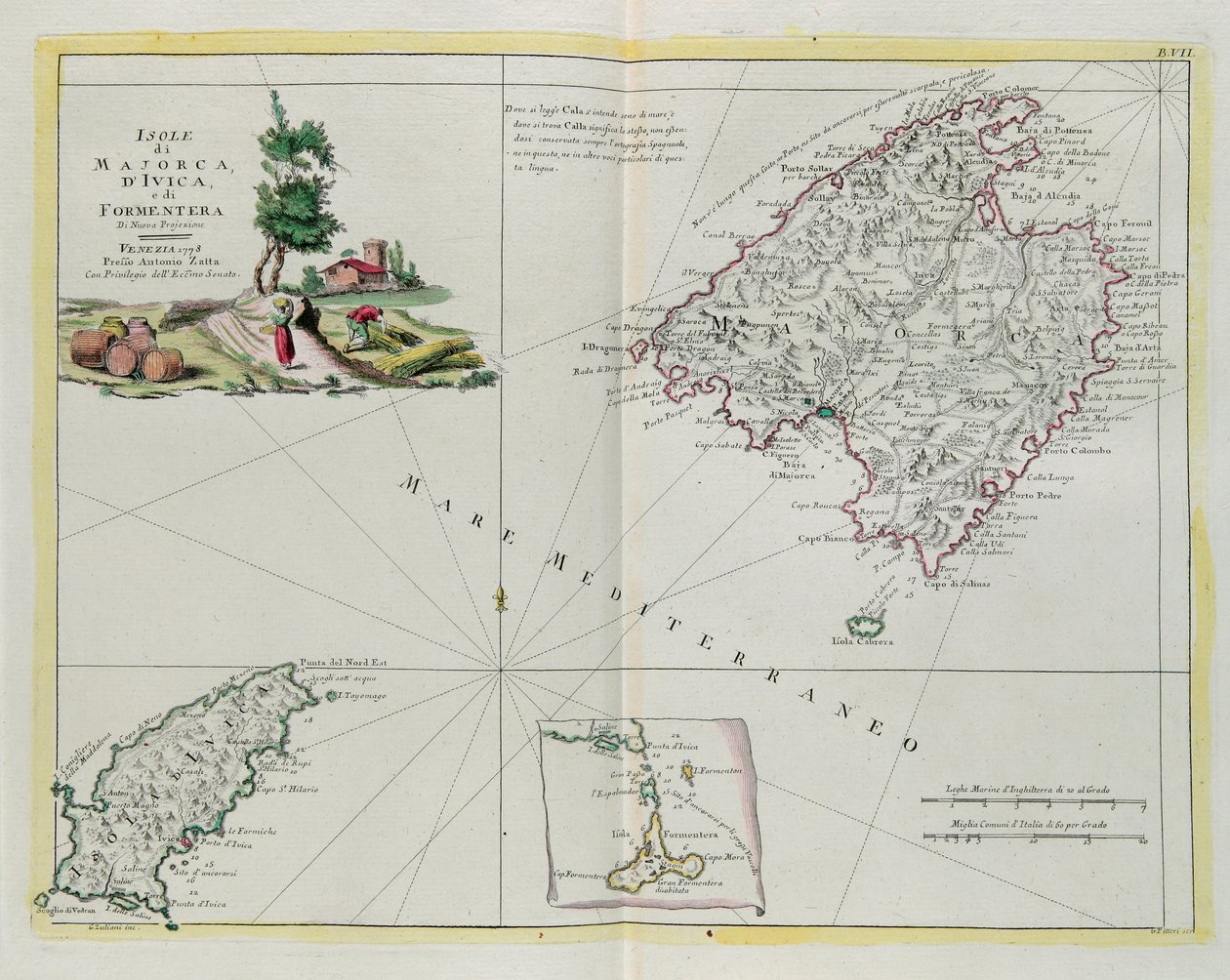 De eilanden Majorca, Ivica en Formentera, gravure door G. Zuliani uit Tome I van de "Nieuwste Atlas" gepubliceerd in Venetië in 1778 door Antonio Zatta, Privécollectie door G. Zuliani