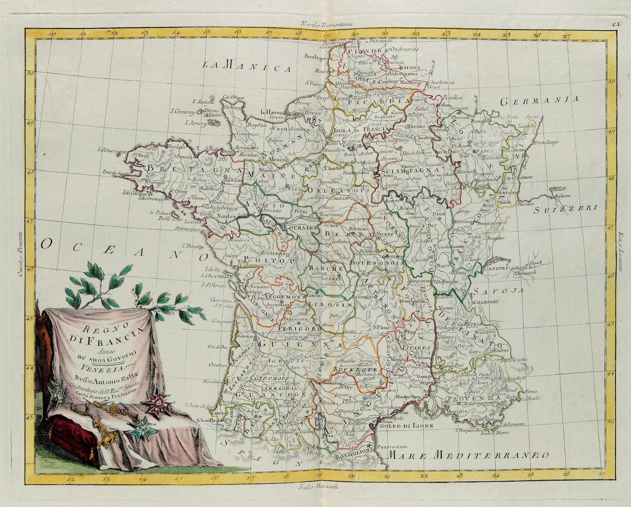 Het koninkrijk Frankrijk verdeeld in zijn gouvernances, gravure door G. Zuliani uit Tome I van de Nieuwste Atlas gepubliceerd in Venetië in 1776 door Antonio Zatta, Privécollectie door G. Zuliani