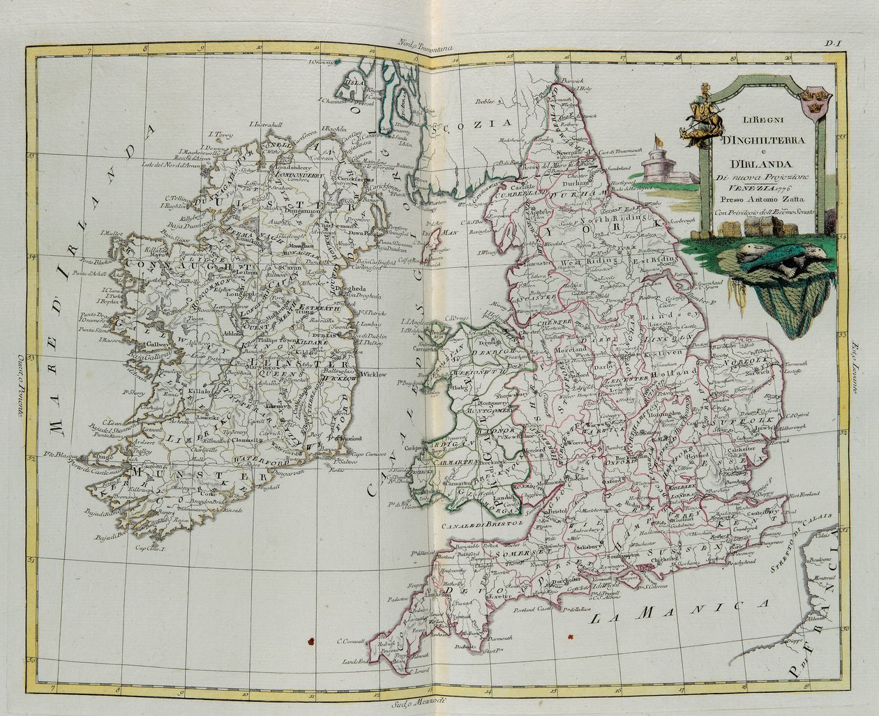 De koninkrijken Engeland en Ierland, gravure door G. Zuliani uit Tome I van de Nieuwste Atlas gepubliceerd in Venetië in 1776 door Antonio Zatta, Privécollectie door G. Zuliani