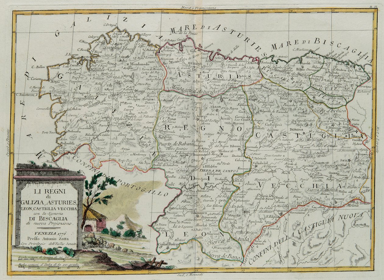 De koninkrijken Galicië, Asturië, Leon, Castilla Vieja met de Raad van Biscallia, gravure door G. Zuliani uit Tome I van de Nieuwste Atlas gepubliceerd in Venetië in 1776 door Antonio Zatta, Privécollectie door G. Zuliani