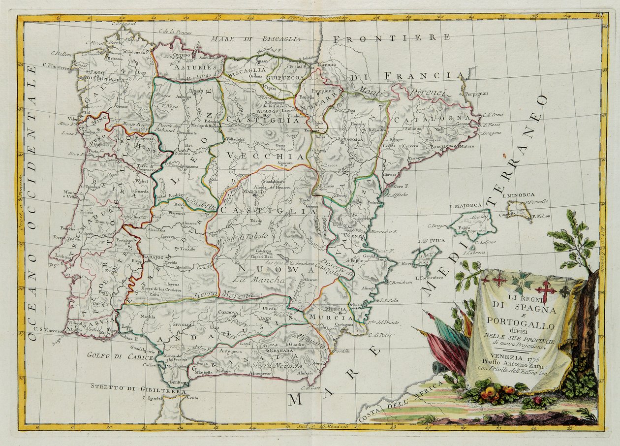 De koninkrijken Spanje en Portugal verdeeld in hun provincies, gravure door G. Zuliani uit Tome I van de Nieuwste Atlas gepubliceerd in Venetië in 1775 door Antonio Zatta, Privécollectie door G. Zuliani